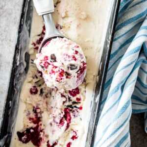 overhead view on pan with homemade raspberry chocolate chunk ice cream