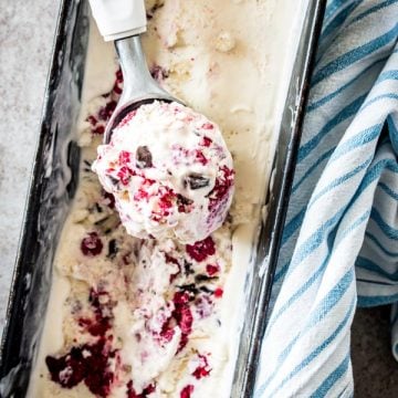 overhead view on pan with homemade raspberry chocolate chunk ice cream