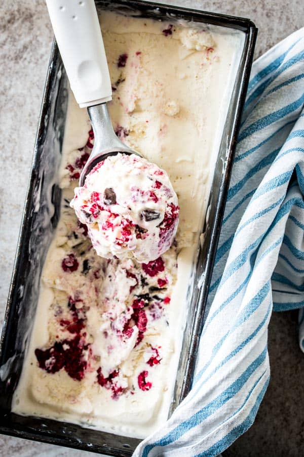 overhead view on pan with homemade raspberry chocolate chunk ice cream