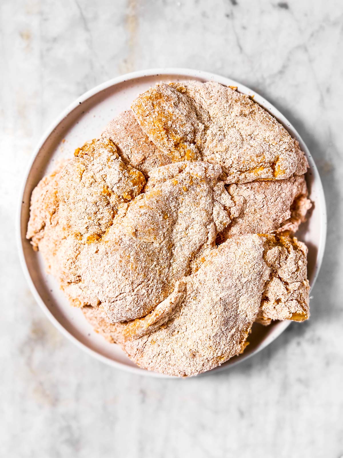 overhead view of breaded, uncooked chicken pieces on white plate