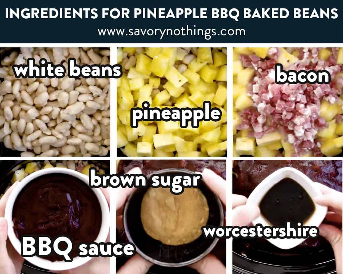 photo collage of pineapple baked beans ingredients