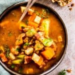 overhead view on bowl with lentil soup