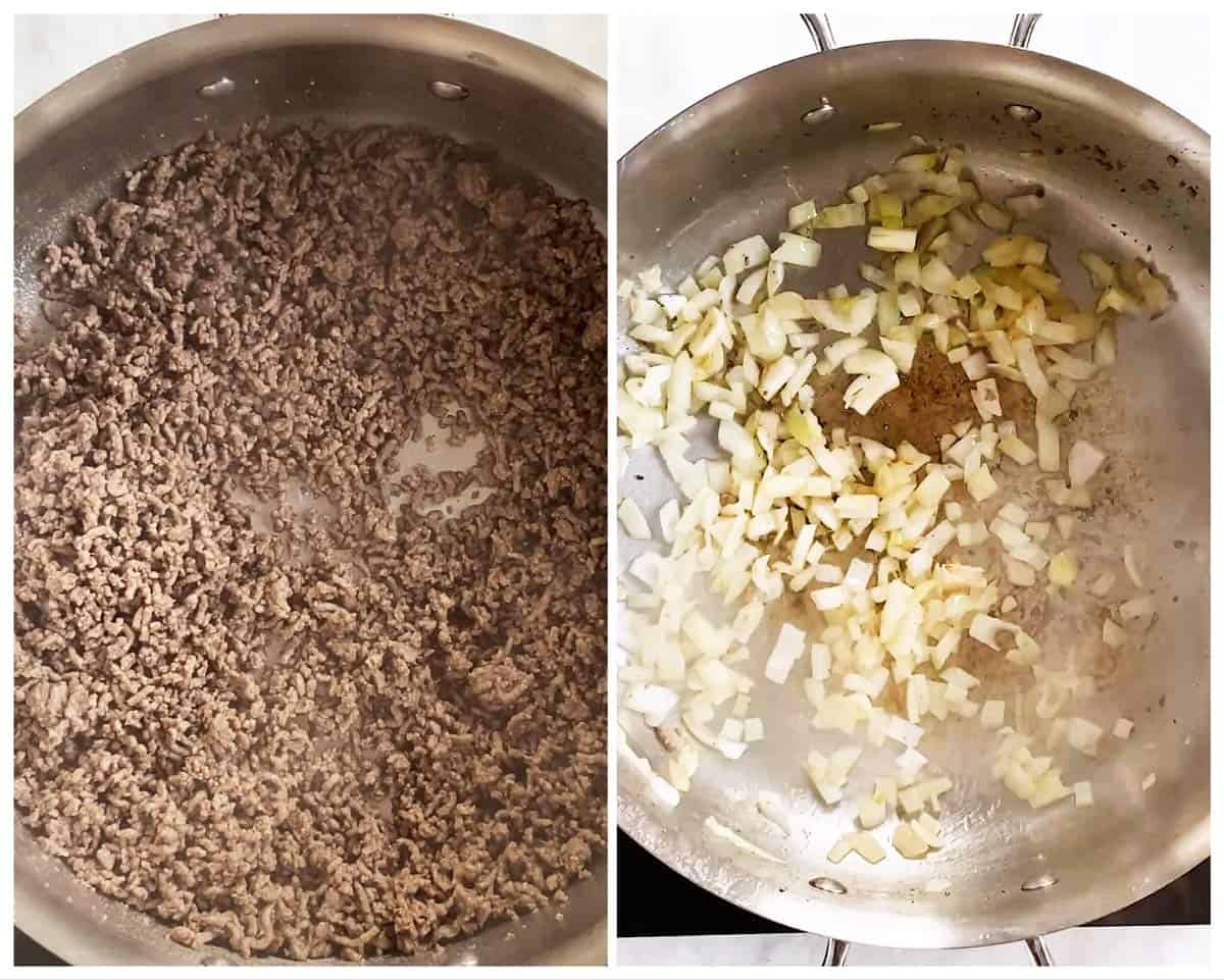 photo collage to show how to brown beef and sauté onion
