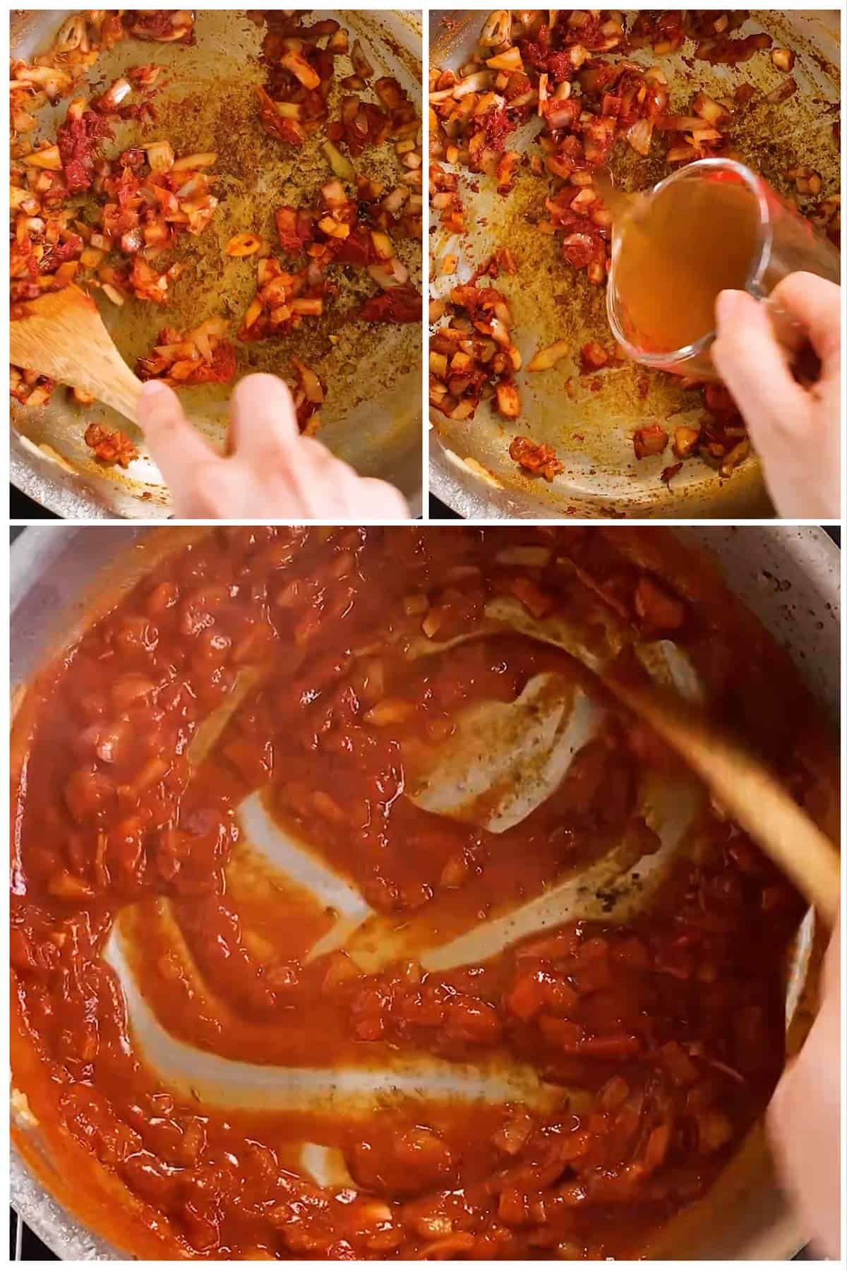 photo collage to show how to prepare tomato sauce for chili