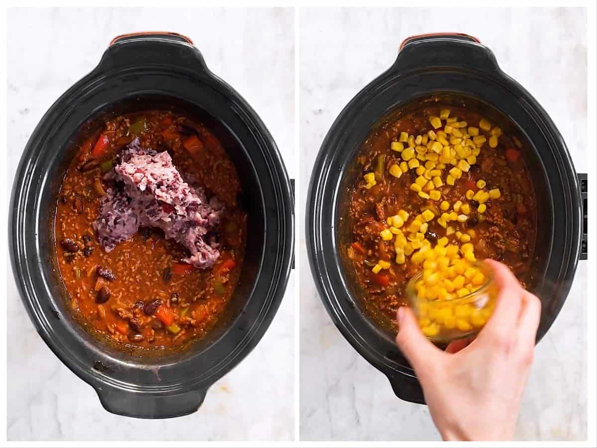 photo collage to show how to add mashed kidney beans and corn to chili in crockpot