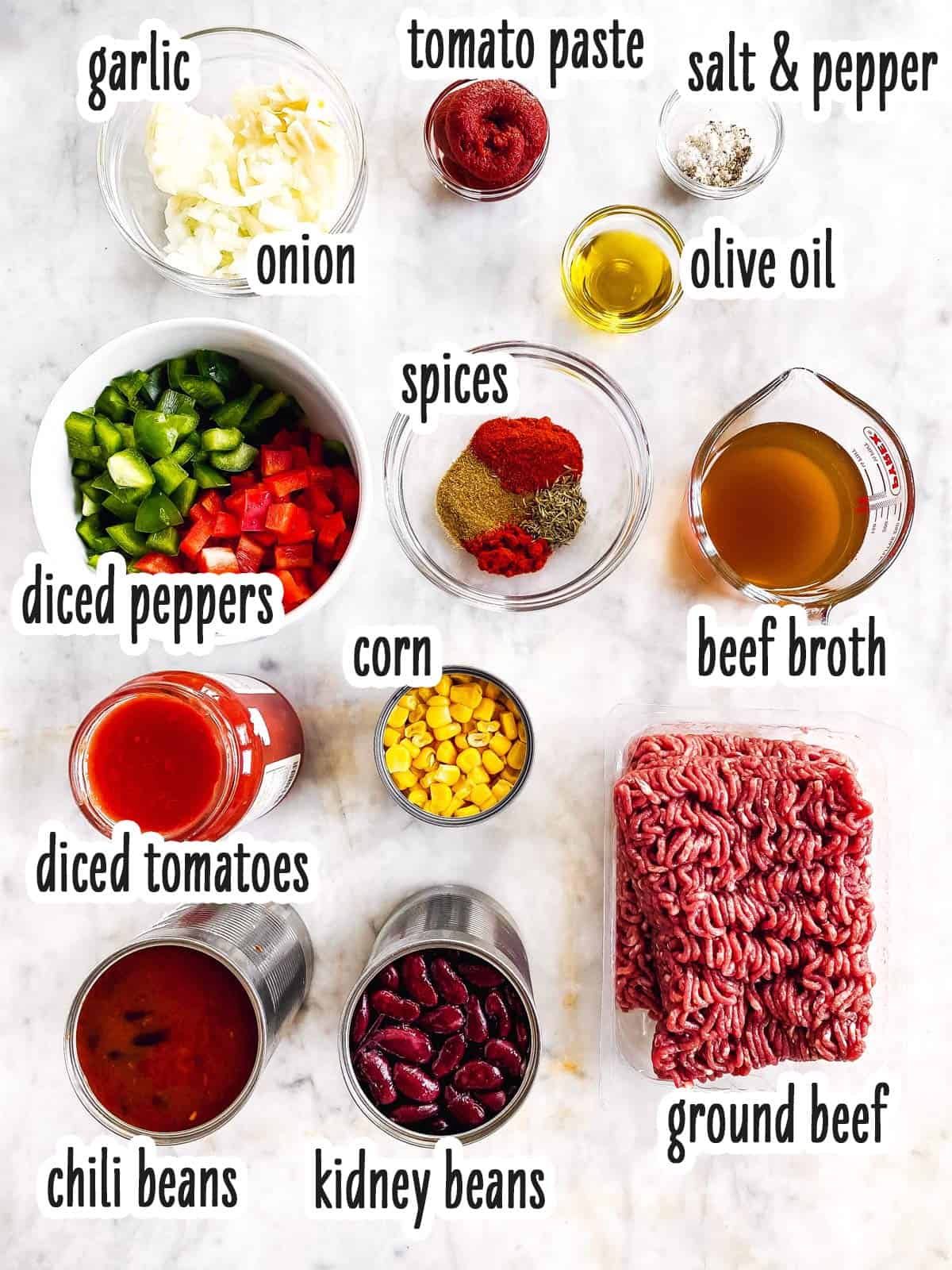 ingredients for crockpot chili with text labels