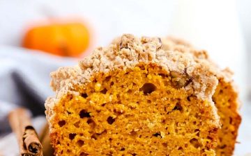 sliced loaf of pumpkin bread on a wooden board