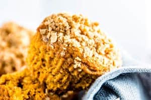 Healthy Pumpkin Muffins in a basket with a dark napkin.