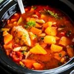 Tuscan White Bean Crockpot Chicken Stew ready to be served. This dinner is full of flavor!
