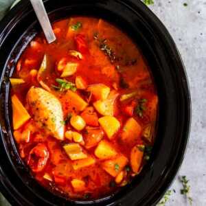 overhead view on chicken stew in crock