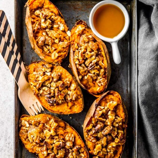 Twice Baked Sweet Potatoes with Maple and Walnuts | Savory Nothings
