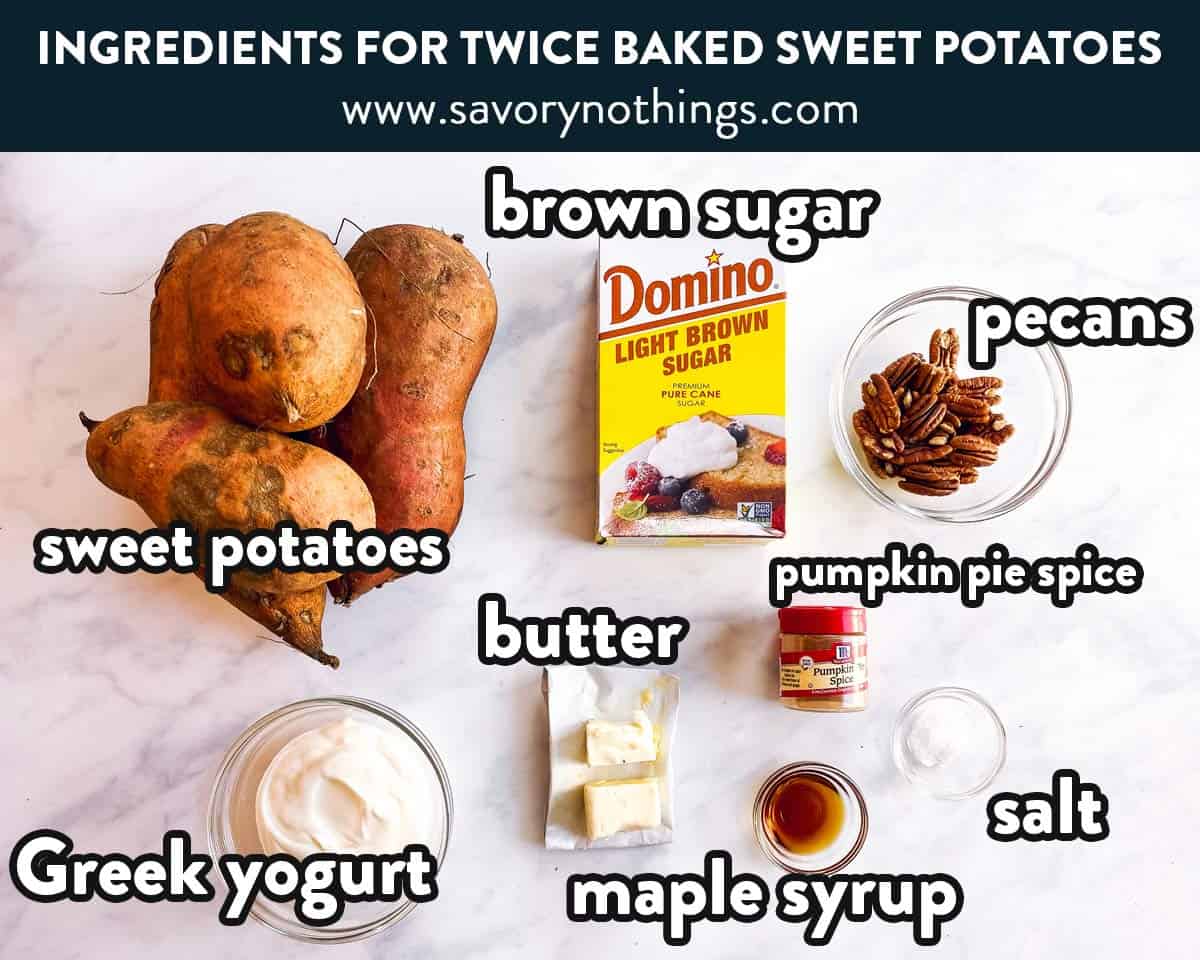 ingredients for twice baked sweet potatoes with text labels