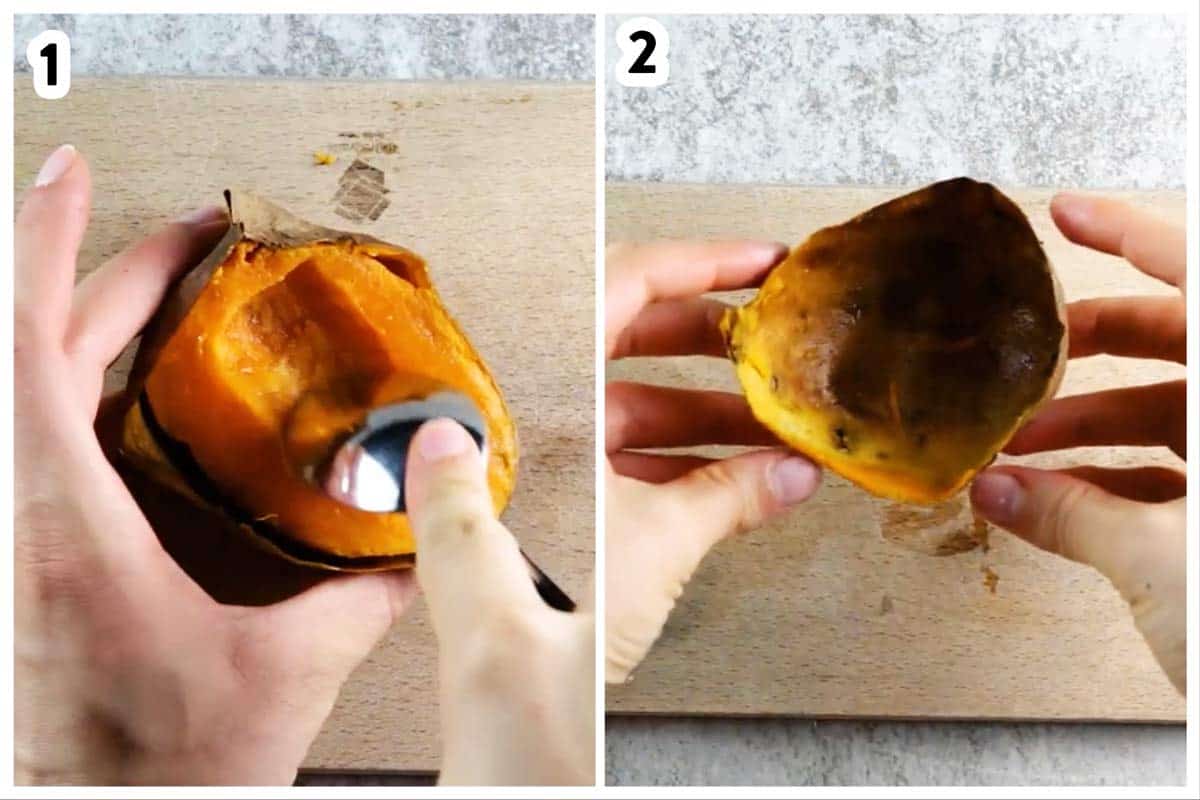 collage to show how to scoop the flesh out of baked sweet potatoes