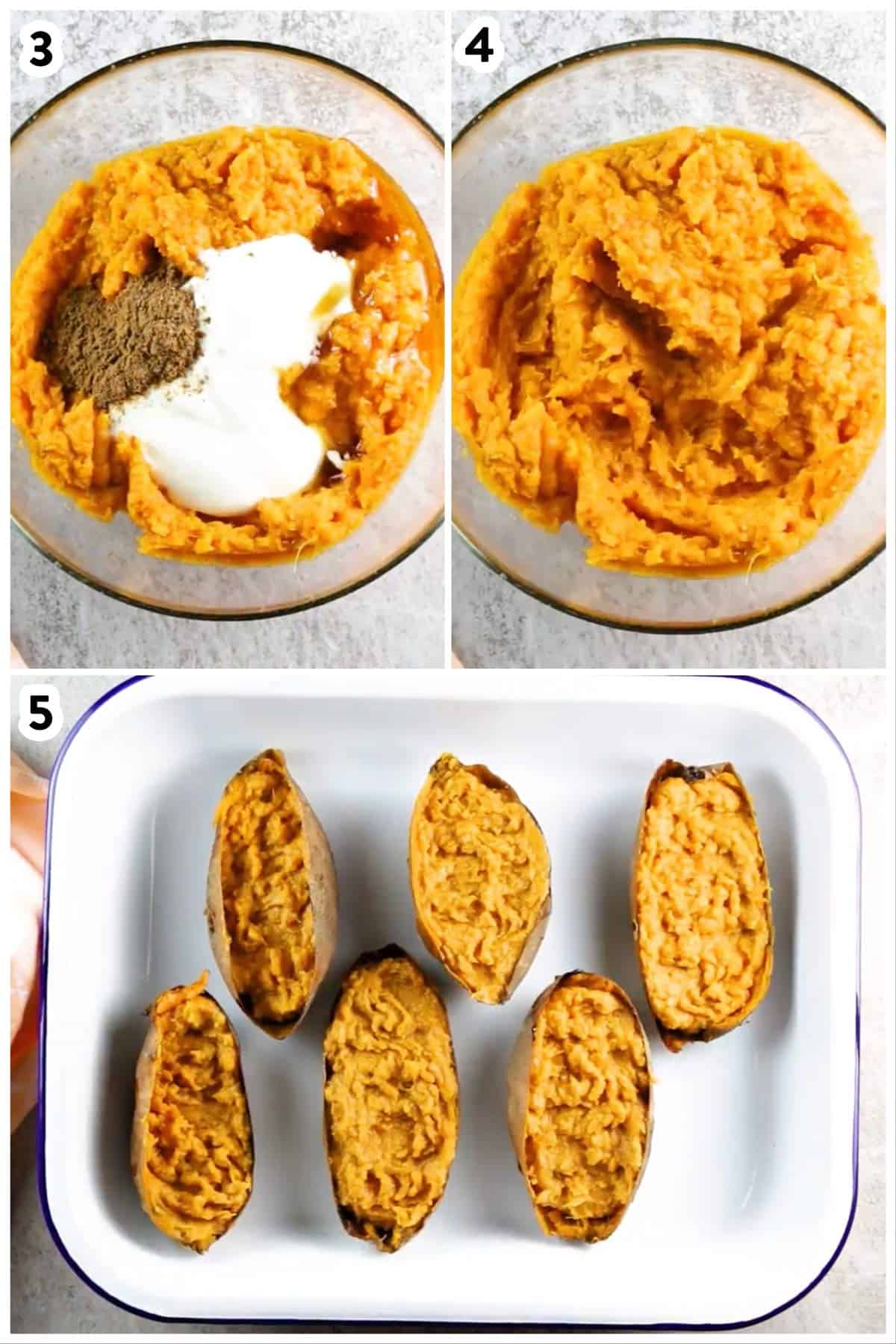 collage to show how to scoop the flesh out of baked sweet potatoes