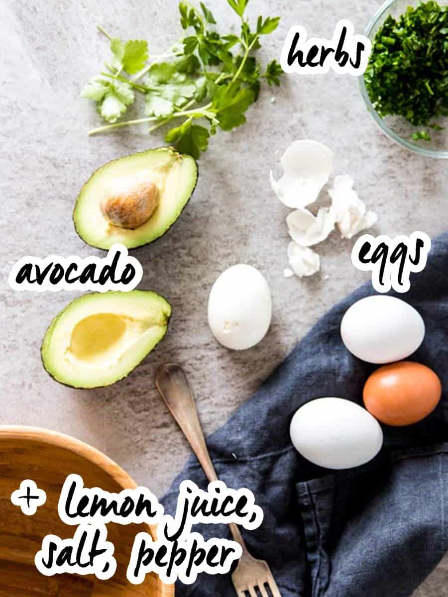 ingredients for avocado egg salad with text labels