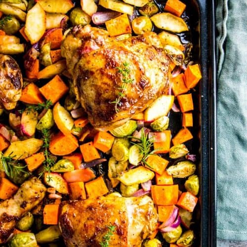 overhead view on sheet pan with balsamic chicken and vegetables