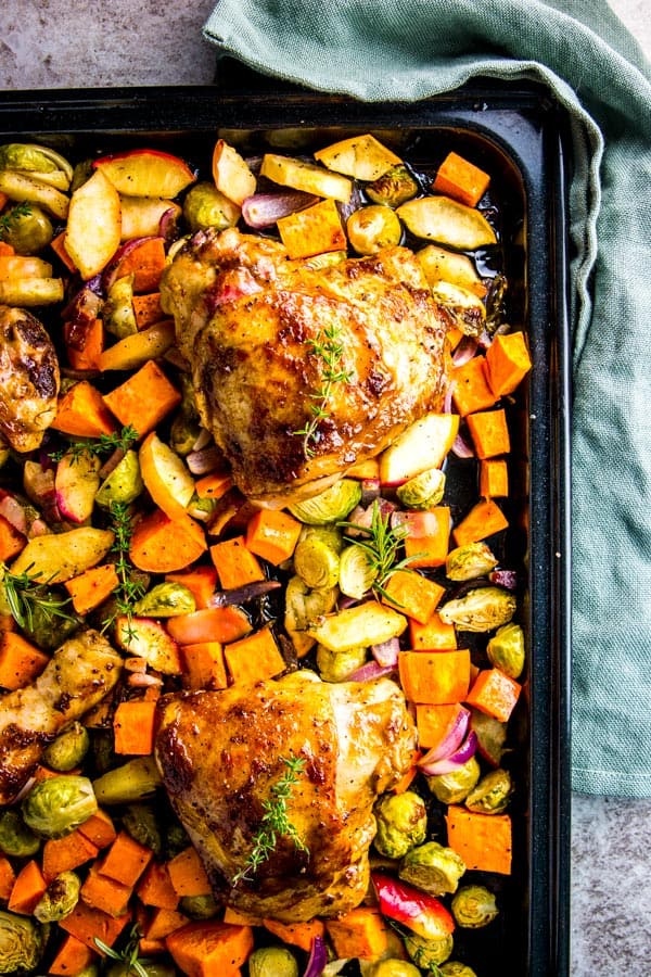 overhead view on sheet pan with balsamic chicken and vegetables