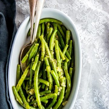 white dish with cooked green beans