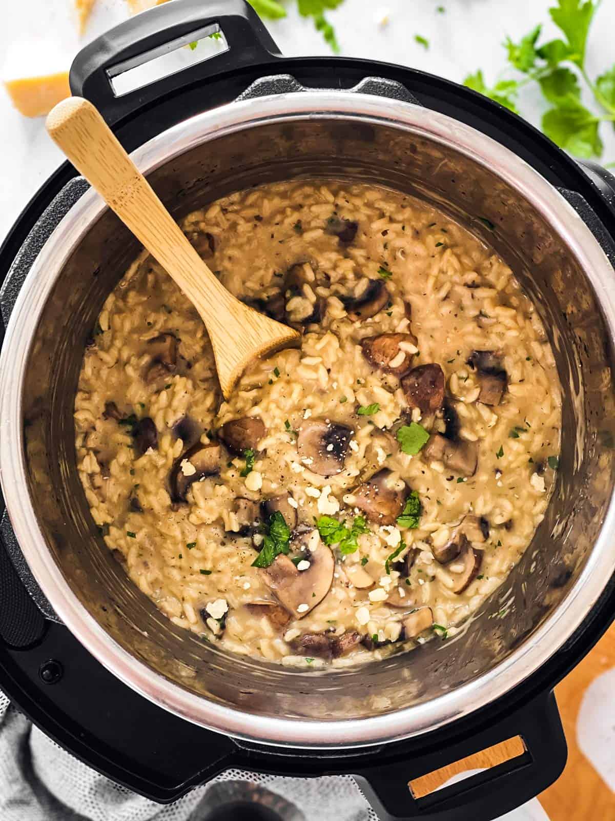 overhead view of instant pot with mushroom risotto