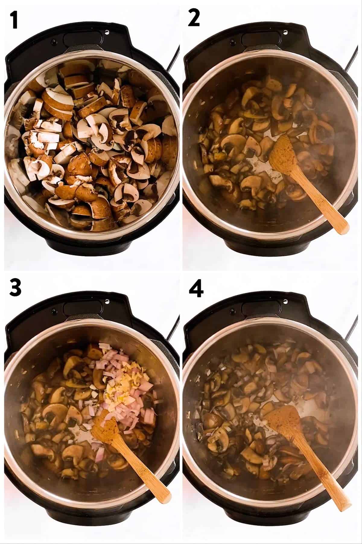 collage of photos to show sautéing mushrooms and onion in instant pot