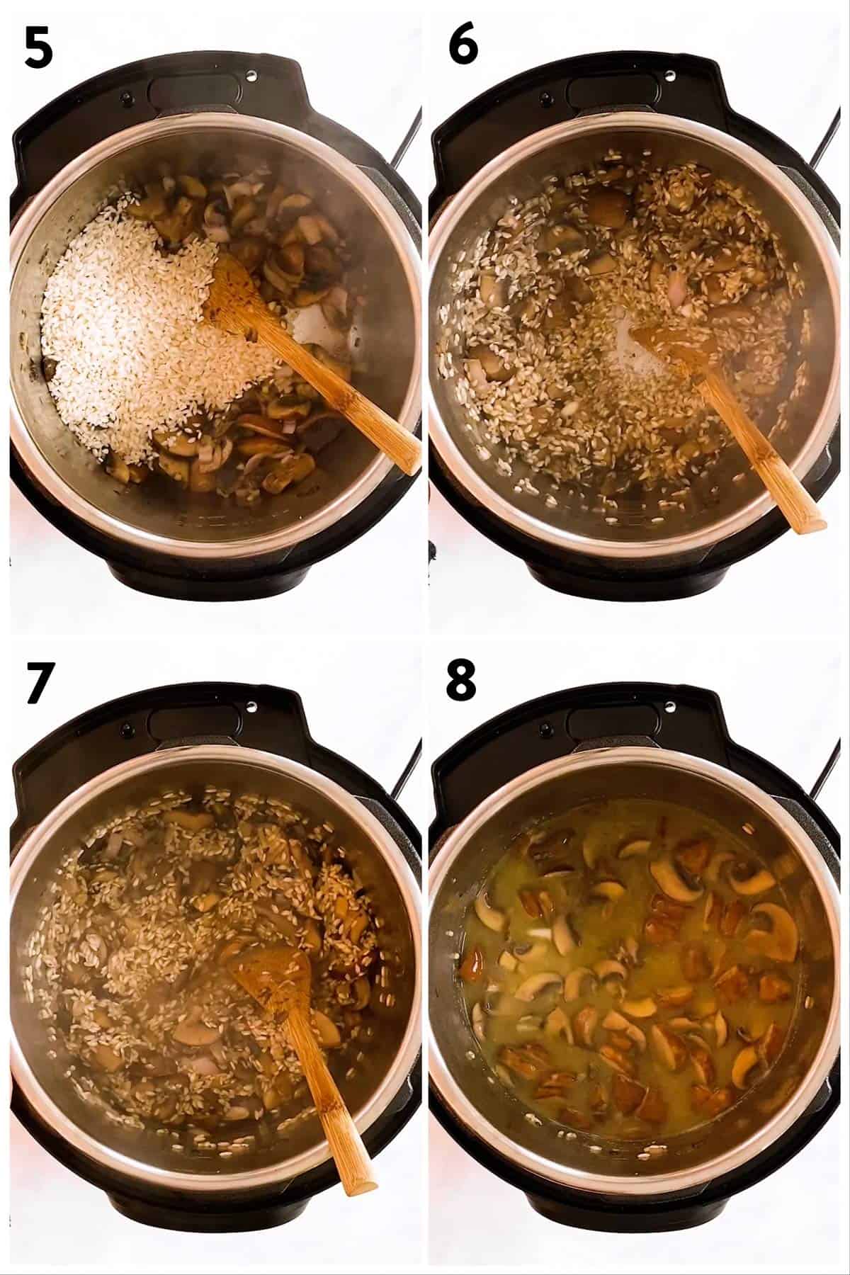 collage of steps to show how to sauté rice for risotto