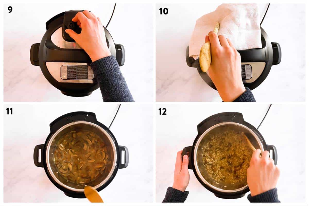 collage of steps to show how to pressure cook risotto