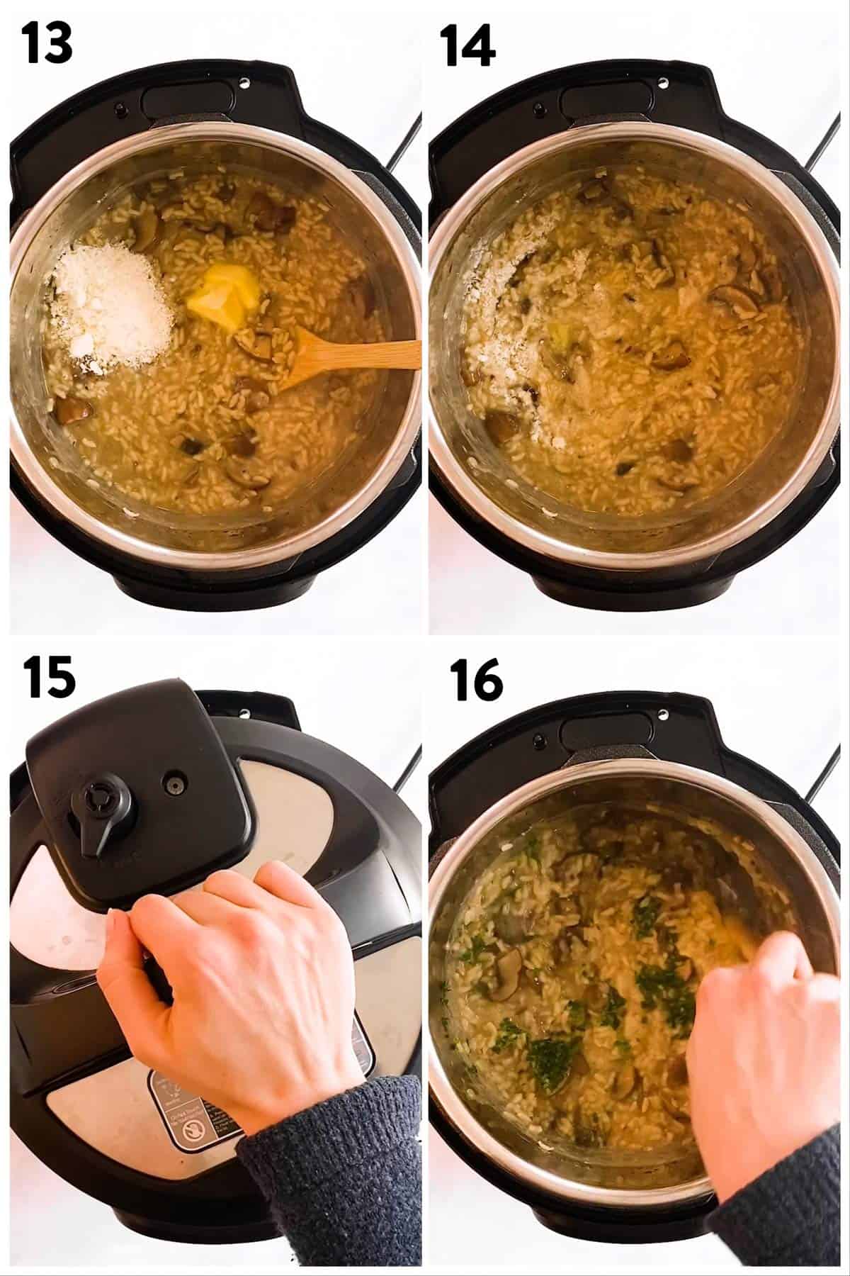 collage of steps to show finishing a mushroom risotto in the instant pot