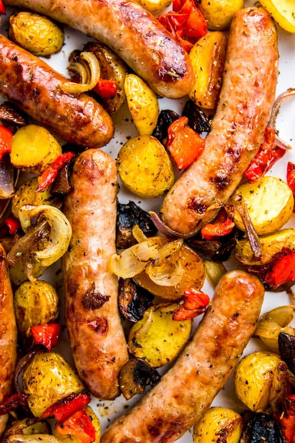 close up of brats and peppers
