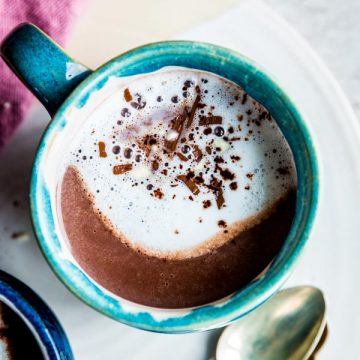 close up of blue mug with hot chocolate