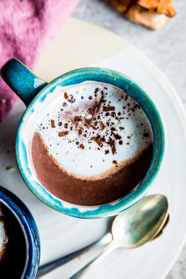 close up of blue mug with hot chocolate