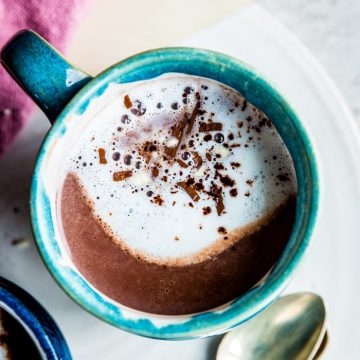 close up of blue mug with hot chocolate