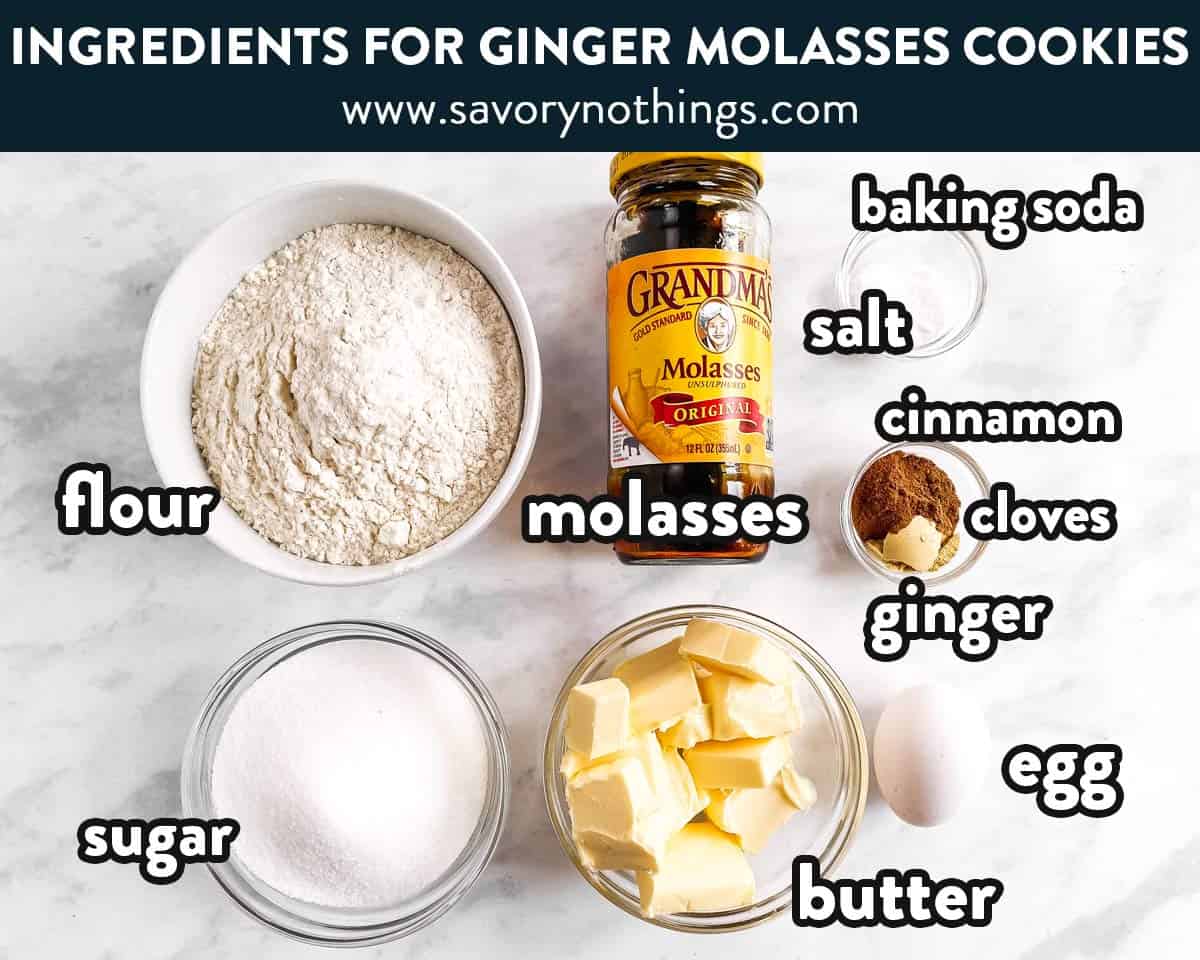 ingredients for soft ginger molasses cookies with text labels