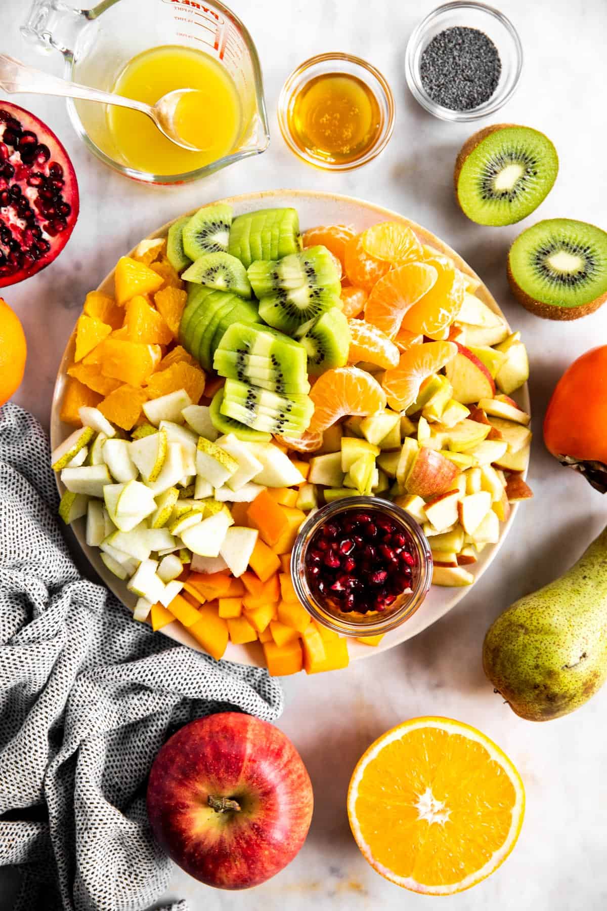 overhead view of platter with cut up fruit