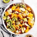 overhead view of bowl with winter fruit salad