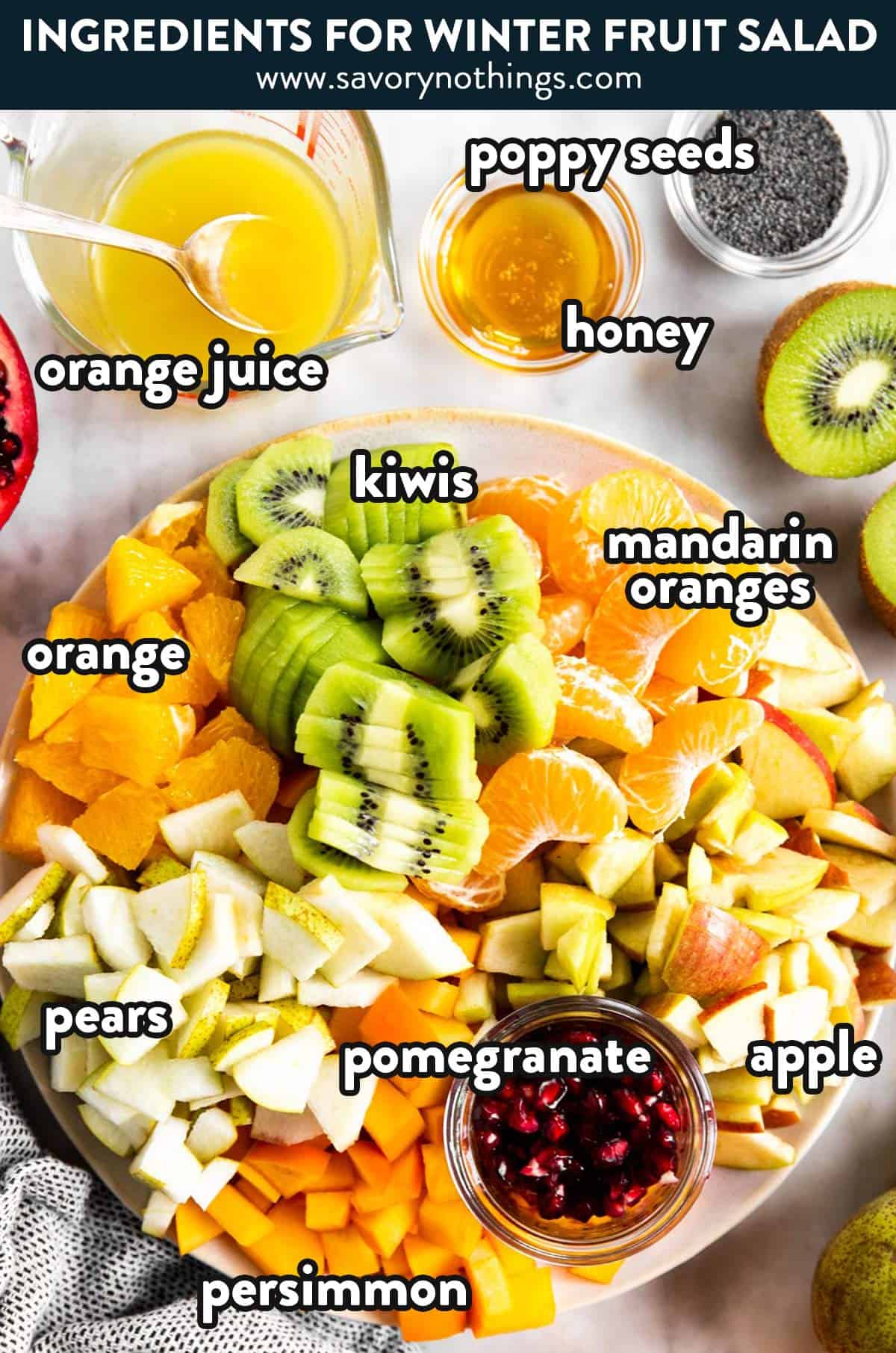 ingredients for winter fruit salad with text labels