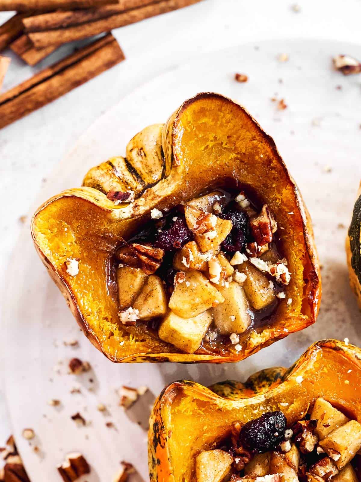 platter with stuffed acorn squash from overhead view