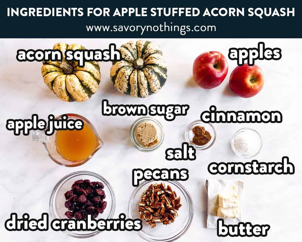 ingredients for apple stuffed acorn squash with text labels