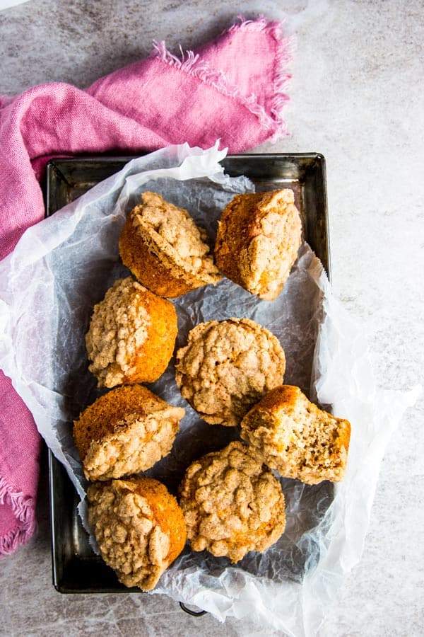 Banana Crumb Muffins on a tray.