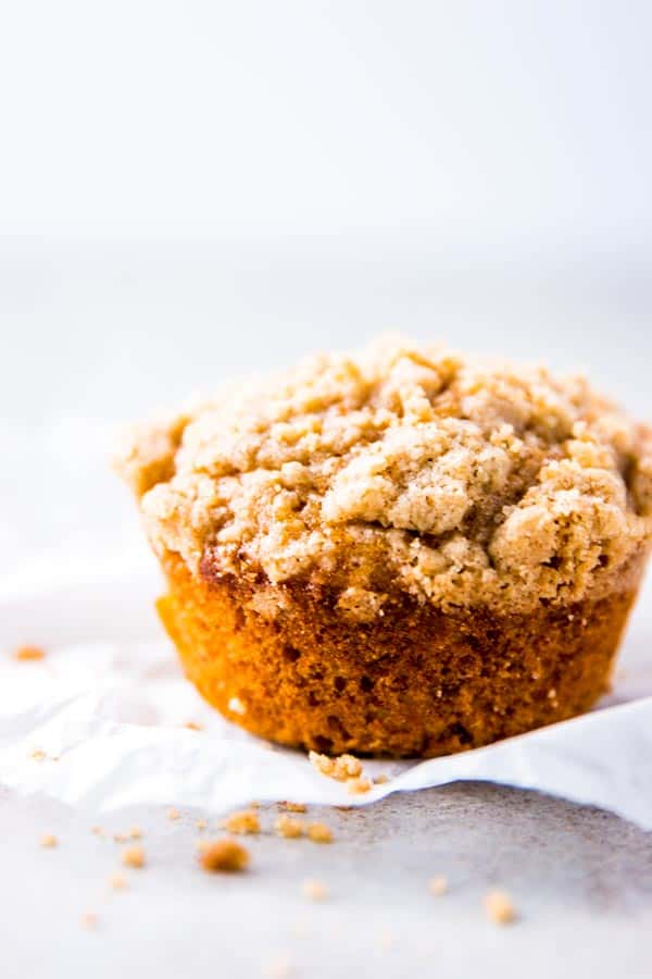 Banana Crumb Muffin on a sheet of parchment paper.