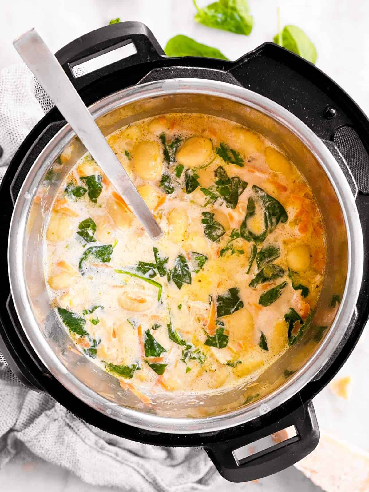 overhead view of instant pot with chicken gnocchi soup