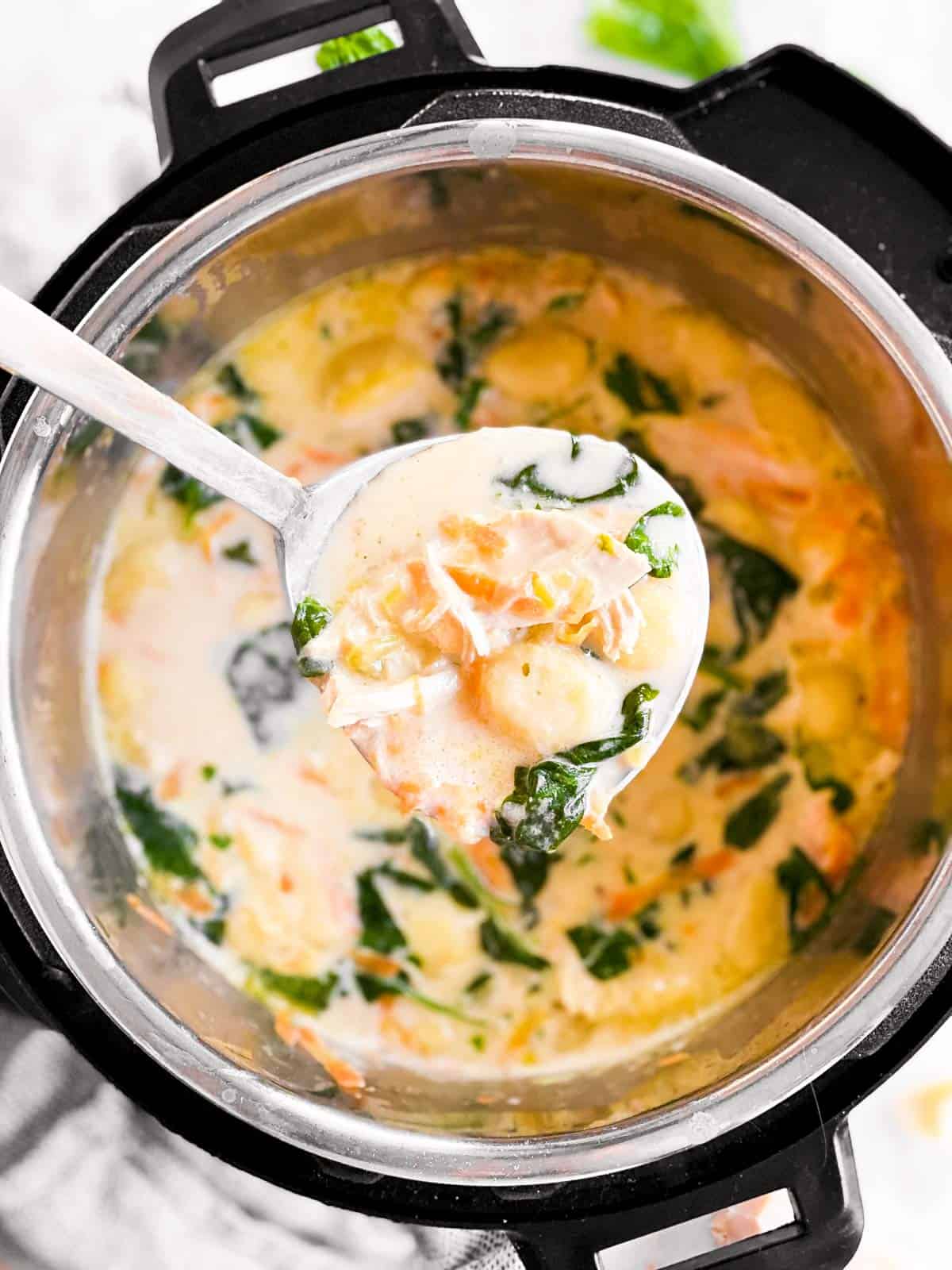 soup ladle with chicken gnocchi soup over an instant pot
