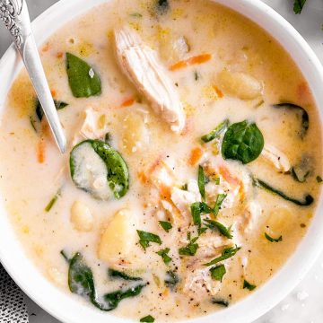 close up photo of white bowl filled with chicken gnocchi soup
