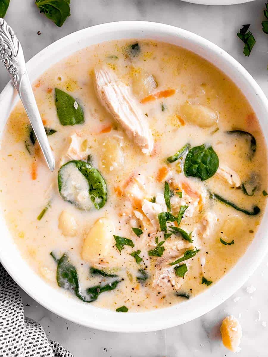 close up photo of white bowl filled with chicken gnocchi soup