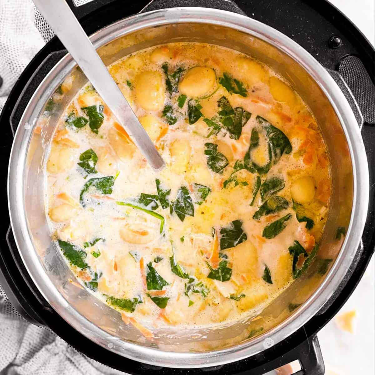 overhead view of instant pot with chicken gnocchi soup