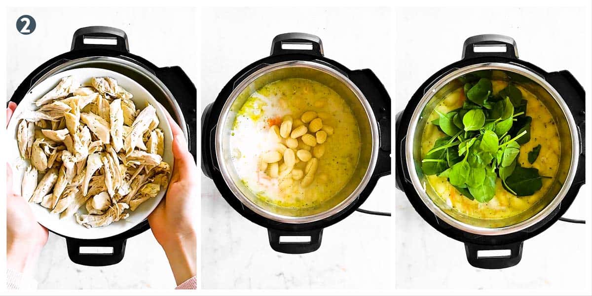 photo collage to show how to finish chicken gnocchi soup in the instant pot