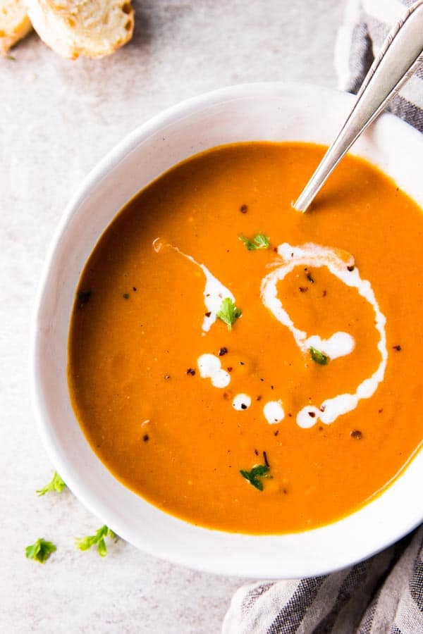 Easy tomato soup in a bowl from above.