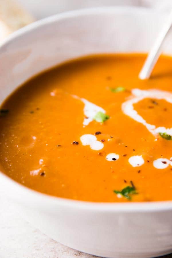 Close up photo of easy tomato soup.