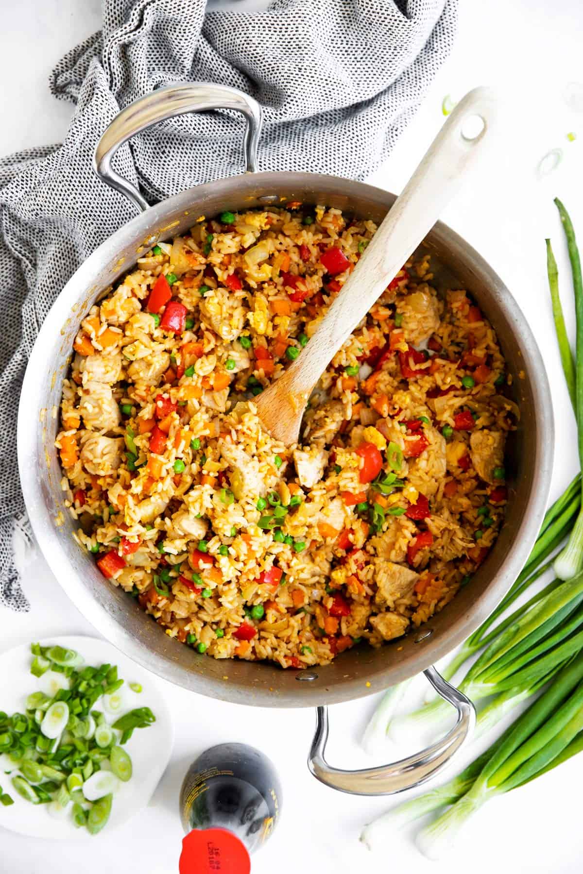 overhead view of pan with chicken fried rice