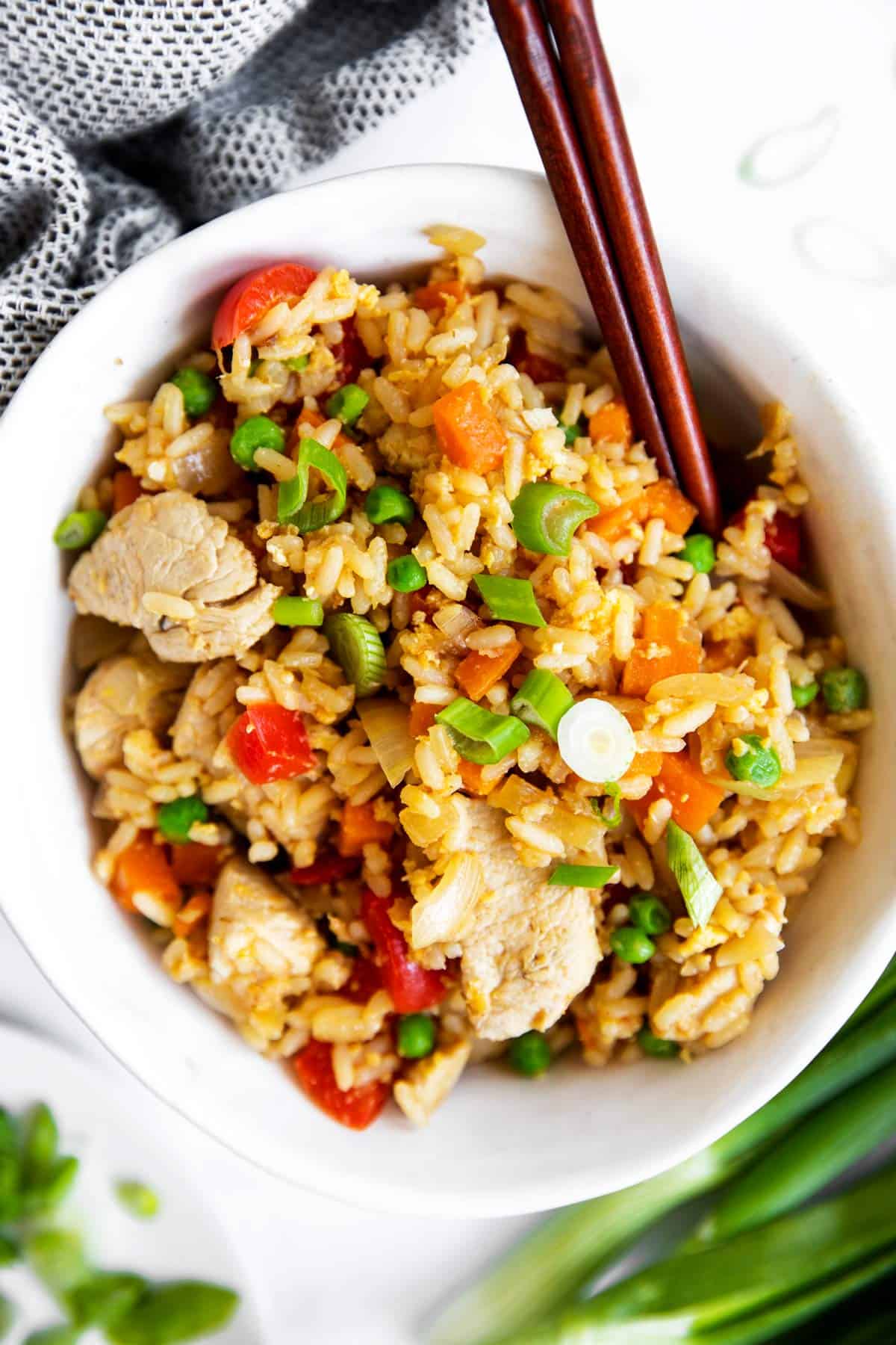 white bowl with chicken fried rice