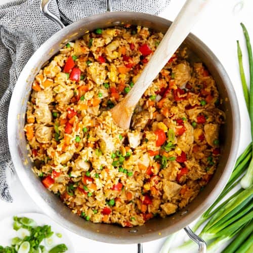 overhead view of pan with chicken fried rice